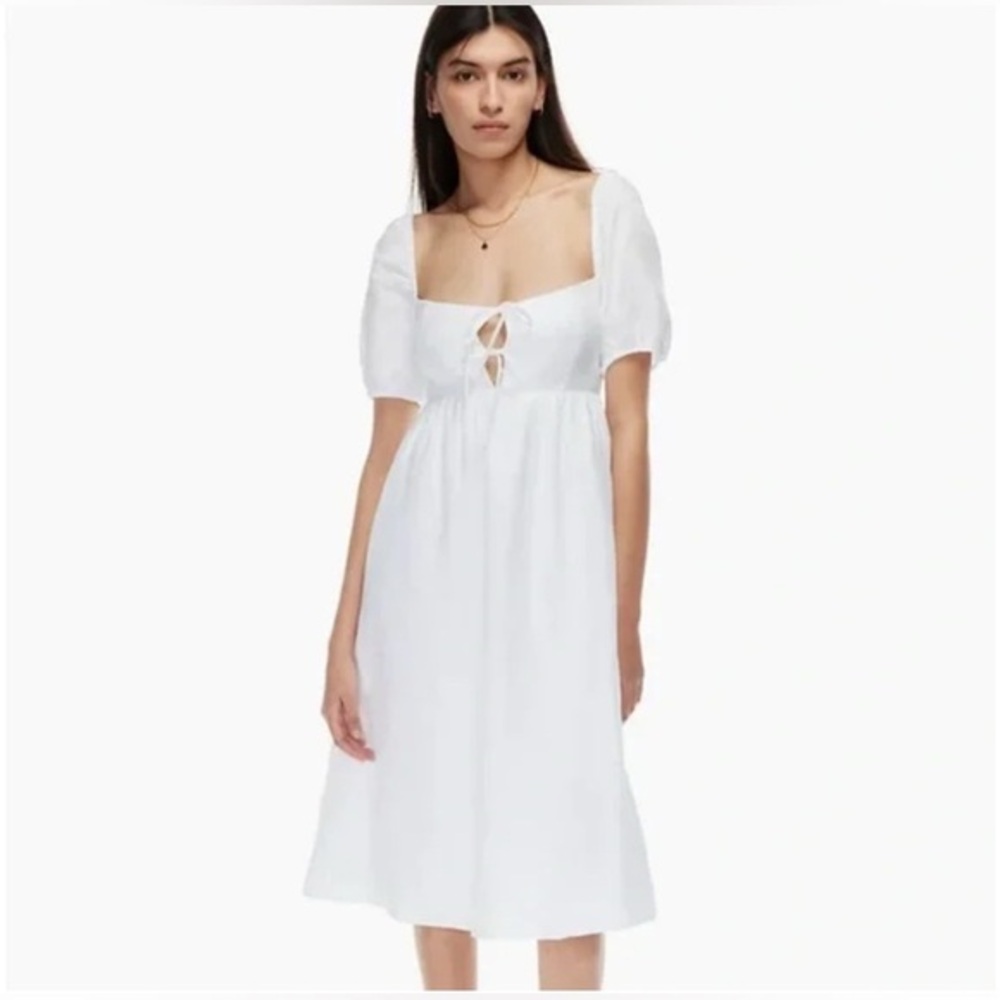 New Aritzia Wilfred Rowena Puff-sleeve linen midi dress